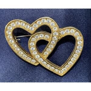 Roman Gold Tone Heart Brooch Pin Rhinestone Interlocking Double Hearts Love